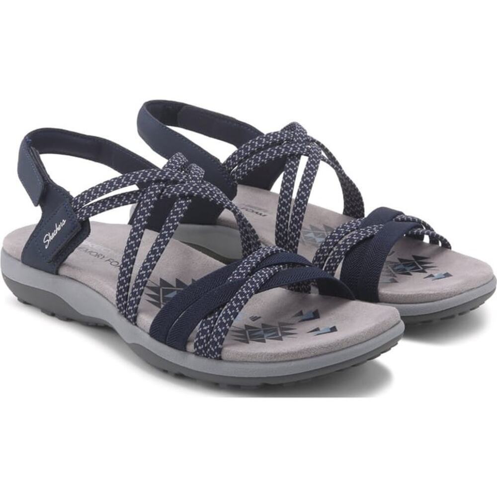 Skechers Womens 7 Blue Gray Strappy Memory Sport Slip On Sandals Well Worn